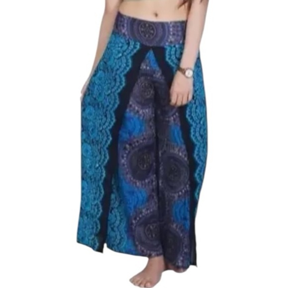 Boutique Blue Turquoise Harem Palazzo Hippie Pull On Stretch Back Pants NWOT OS - Picture 1 of 15